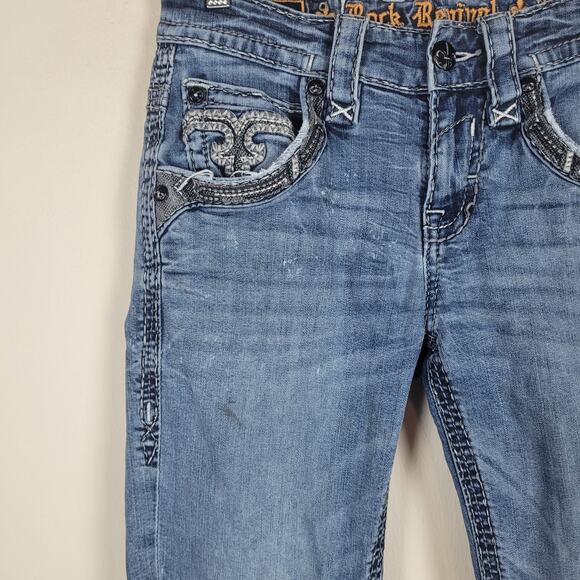 Rock Revival Jayin Jeans Womens 29 Blue Fleur-de-Lis Flap Pockets Slim Straight - Picture 12 of 13